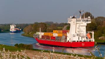Un grand navire de transport de marchandises rouge, chargé de nombreux conteneurs, navigue sur une rivière.