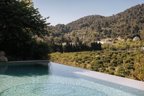 Une piscine offrant une vue dégagée sur un paysage montagneux et une végétation luxuriante en arrière-plan.