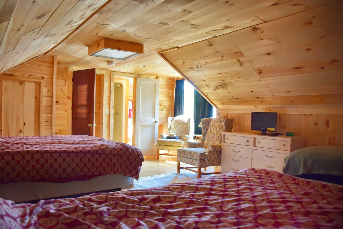 A cozy cabin room with a lofted ceiling, wooden walls, a bed with patterned bedding, a chair, a dresser, and a television.