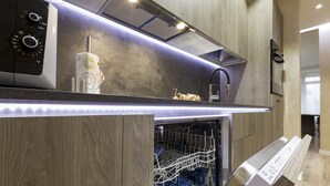 A modern kitchen with a built-in dishwasher, stainless steel appliances, and a wooden backsplash. - The Queen Luxury Apartments - Villa Liberty (Luxembourg City)