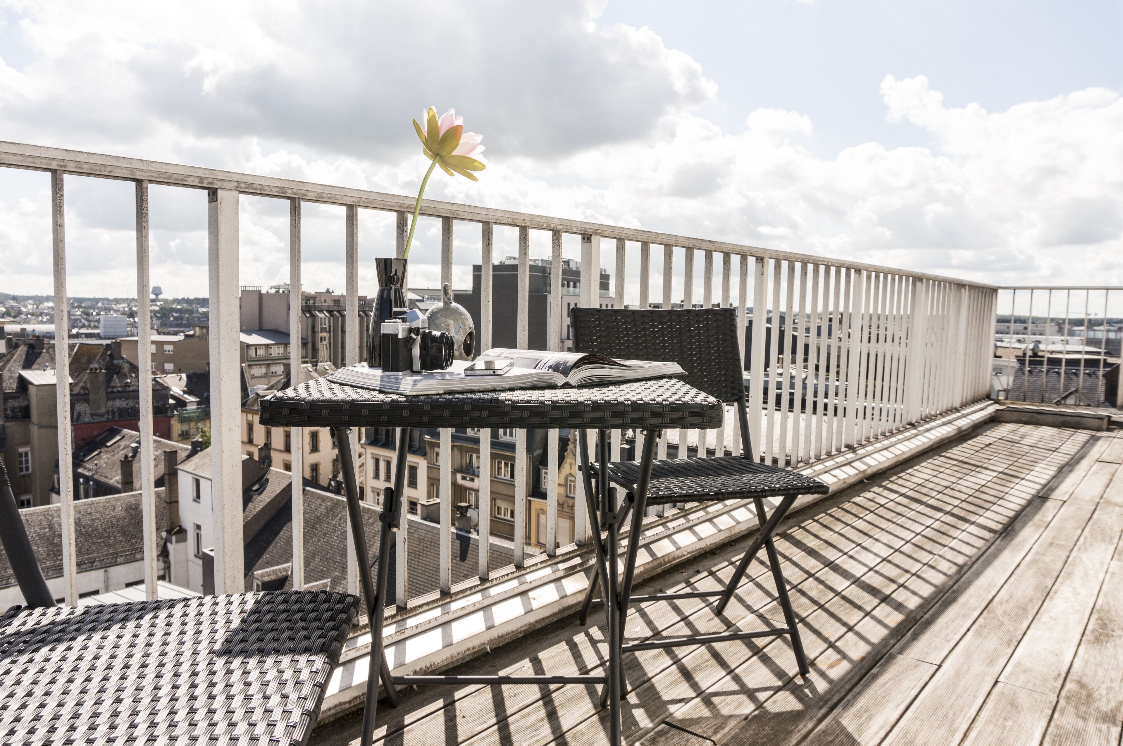 Eine Dachterrasse mit Tisch und Stühlen, einer Kübelpflanze und Blick auf die Stadtlandschaft.
