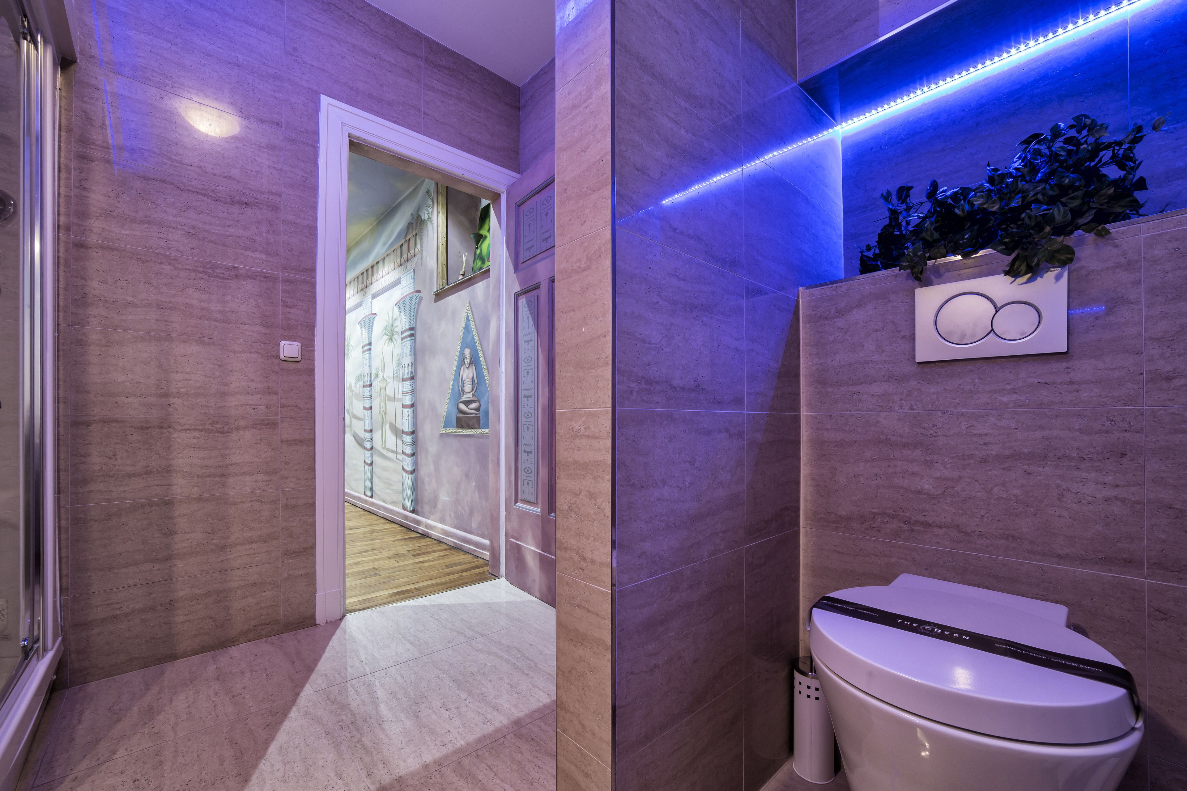 A modern bathroom with a toilet, a shower area, and a hallway leading to a room with a large window.