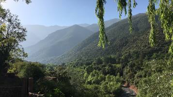 A mountainous landscape with dense greenery and a clear sky.