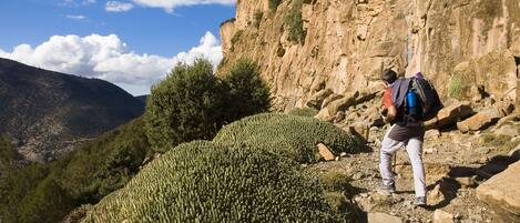 Un excursionista en un sendero rocoso, con montañas al fondo.