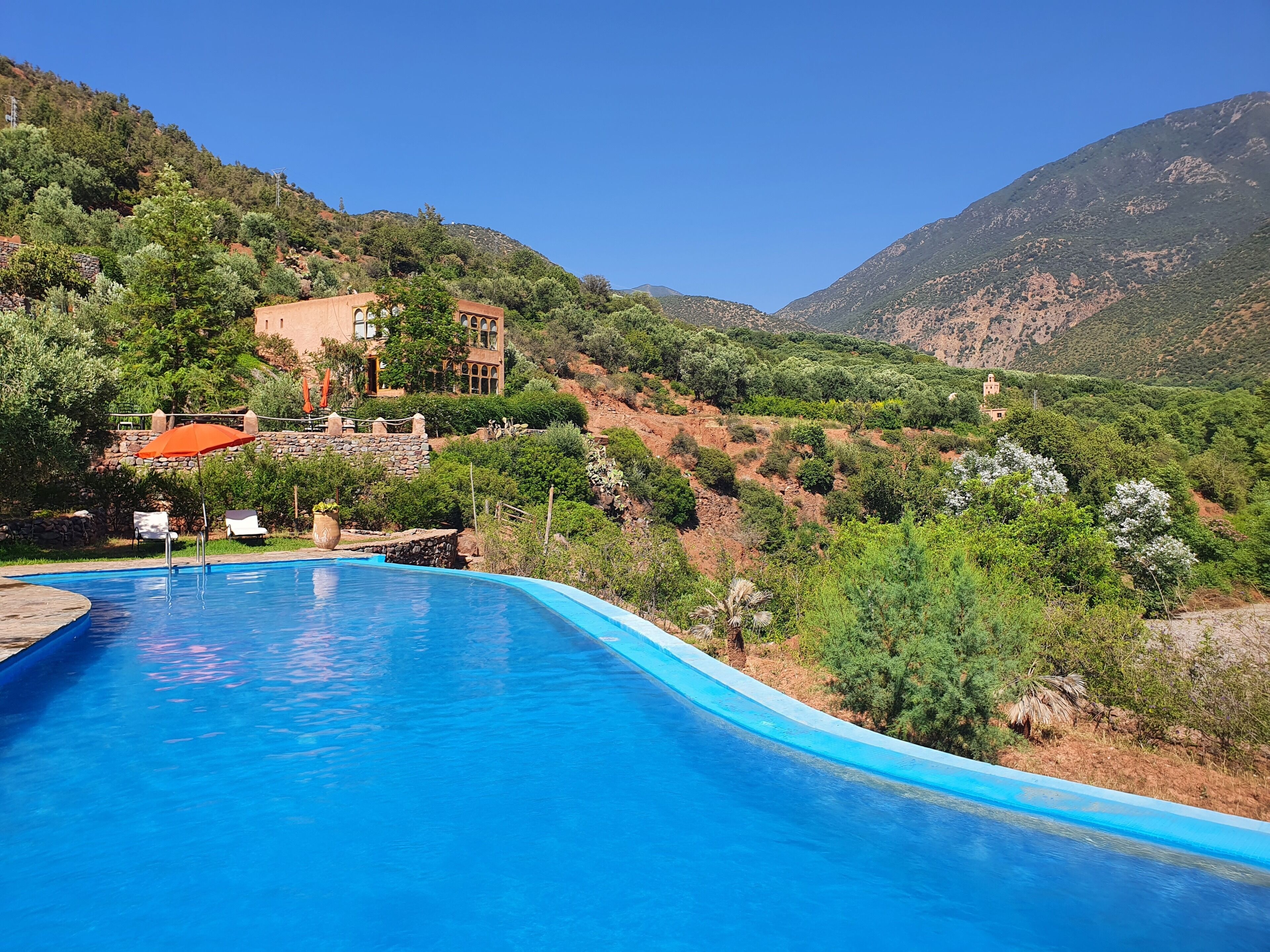 Piscina con vistas a una villa en la ladera y follaje circundante.