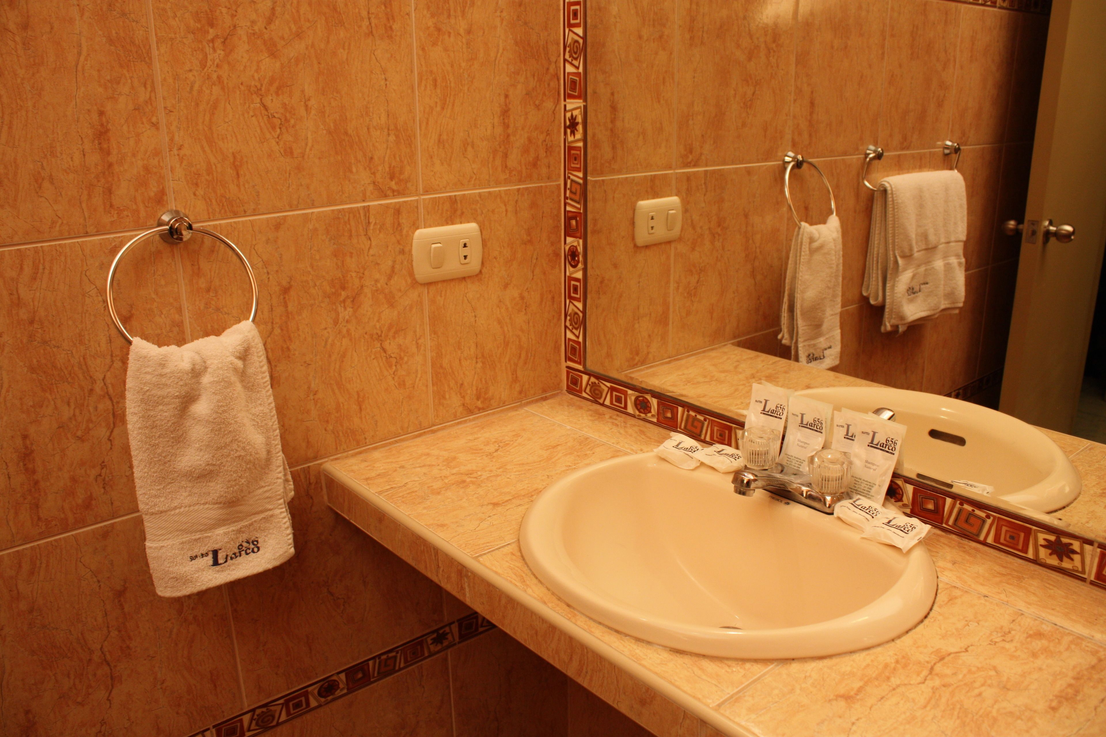 A bathroom with a beige sink, a towel ring, and a mirror.