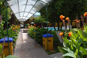 Un chemin couvert bordé de fleurs aux couleurs vives et un espace piscine.
