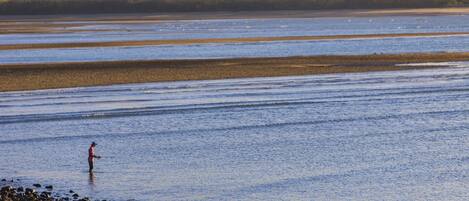 A wide river with a person fishing, surrounded by a rocky shoreline and distant hills.