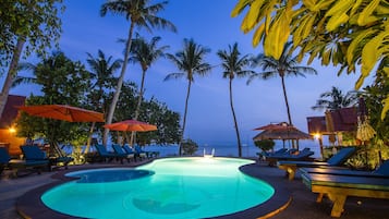 Outdoor pool, pool umbrellas, pool loungers