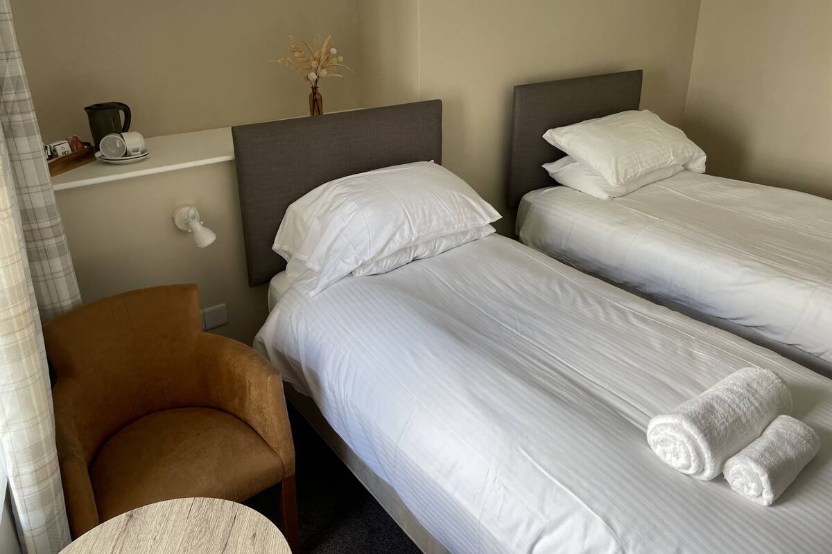 Une chambre d’hôtel avec deux lits simples, une chaise en bois, une petite table et un vase contenant des fleurs séchées.