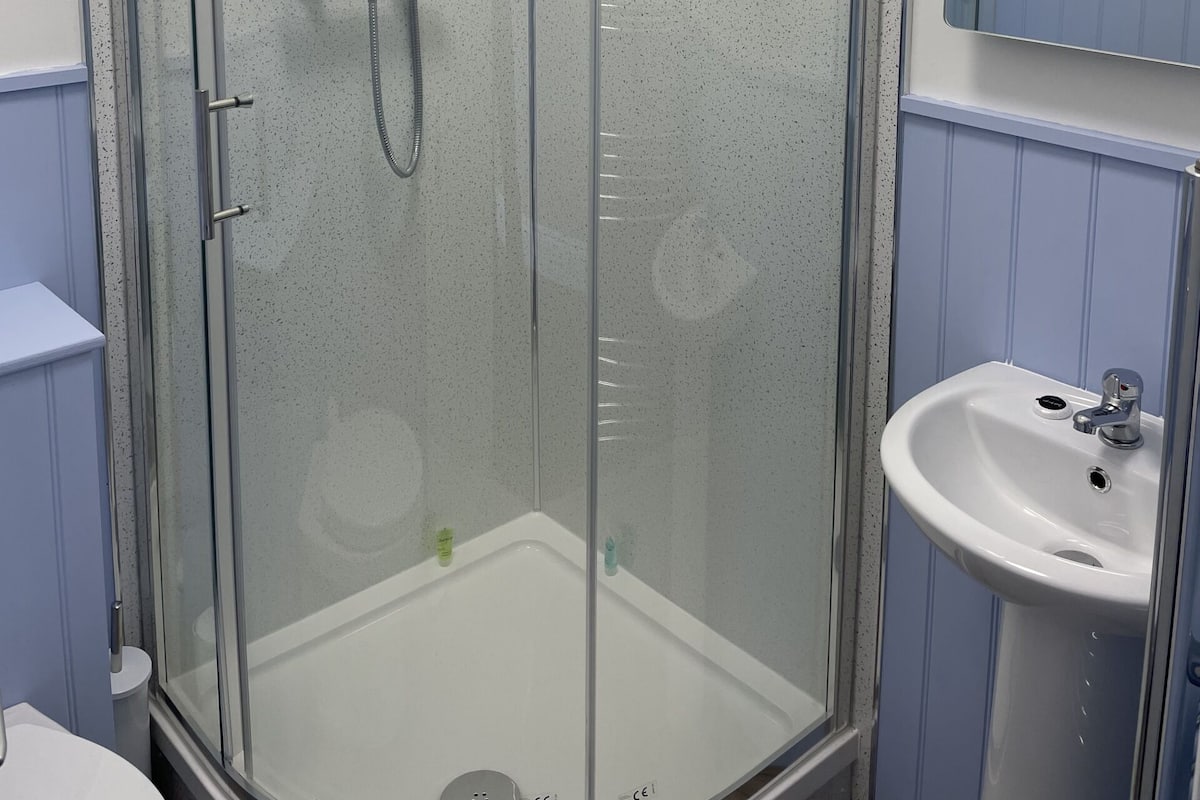 Une douche fermée par des parois en verre, dotée d’un pommeau de douche à main et d’un robinet mural.