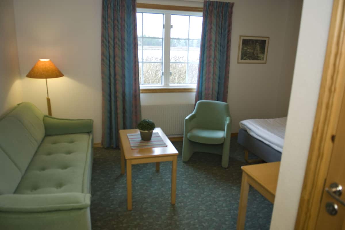 A small, cozy room with a green sofa, a wooden table with a plant, a green chair, and a bed.