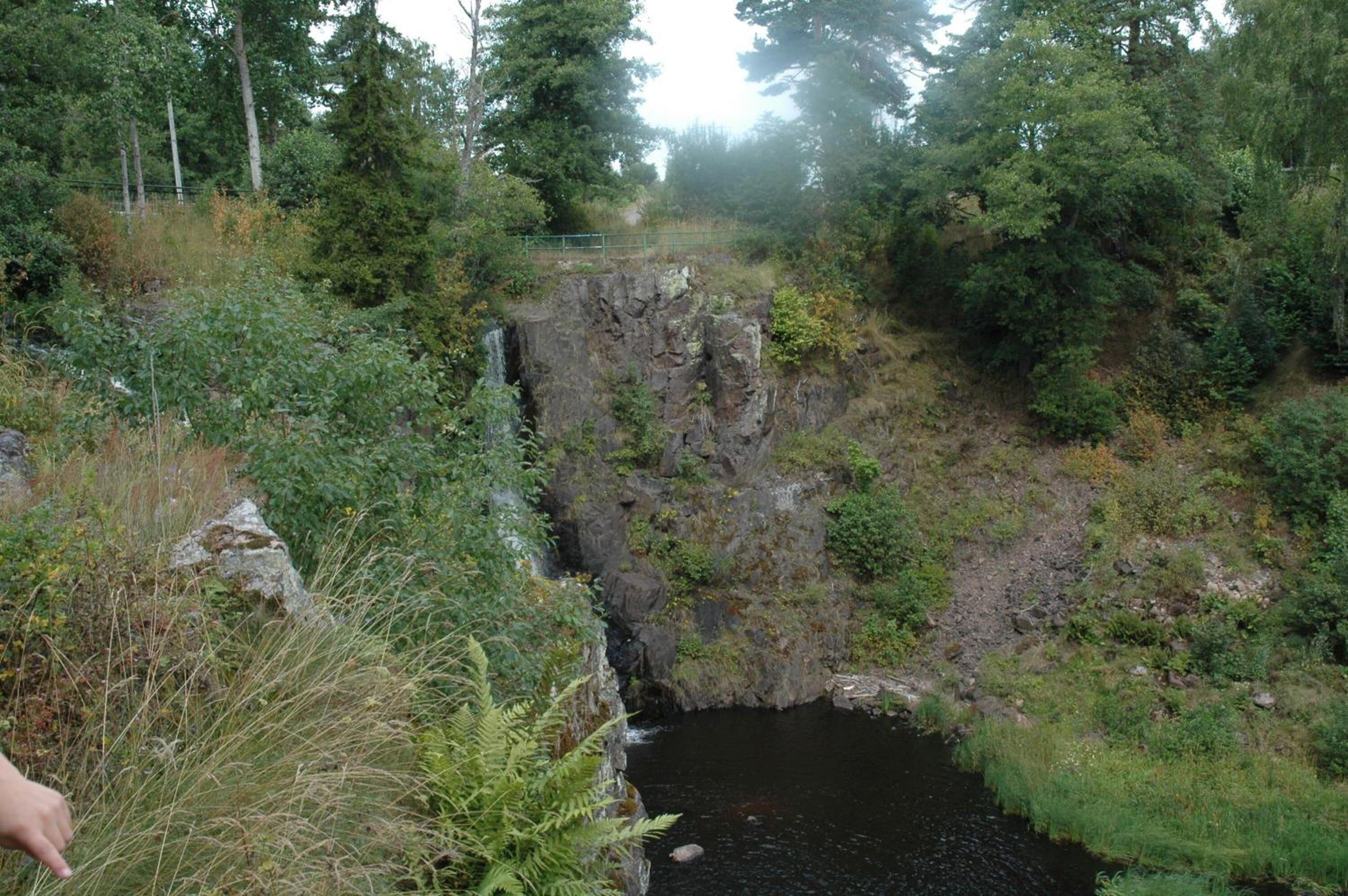 Ett naturligt landskap med en klippig brant, en liten bäck och tät vegetation.