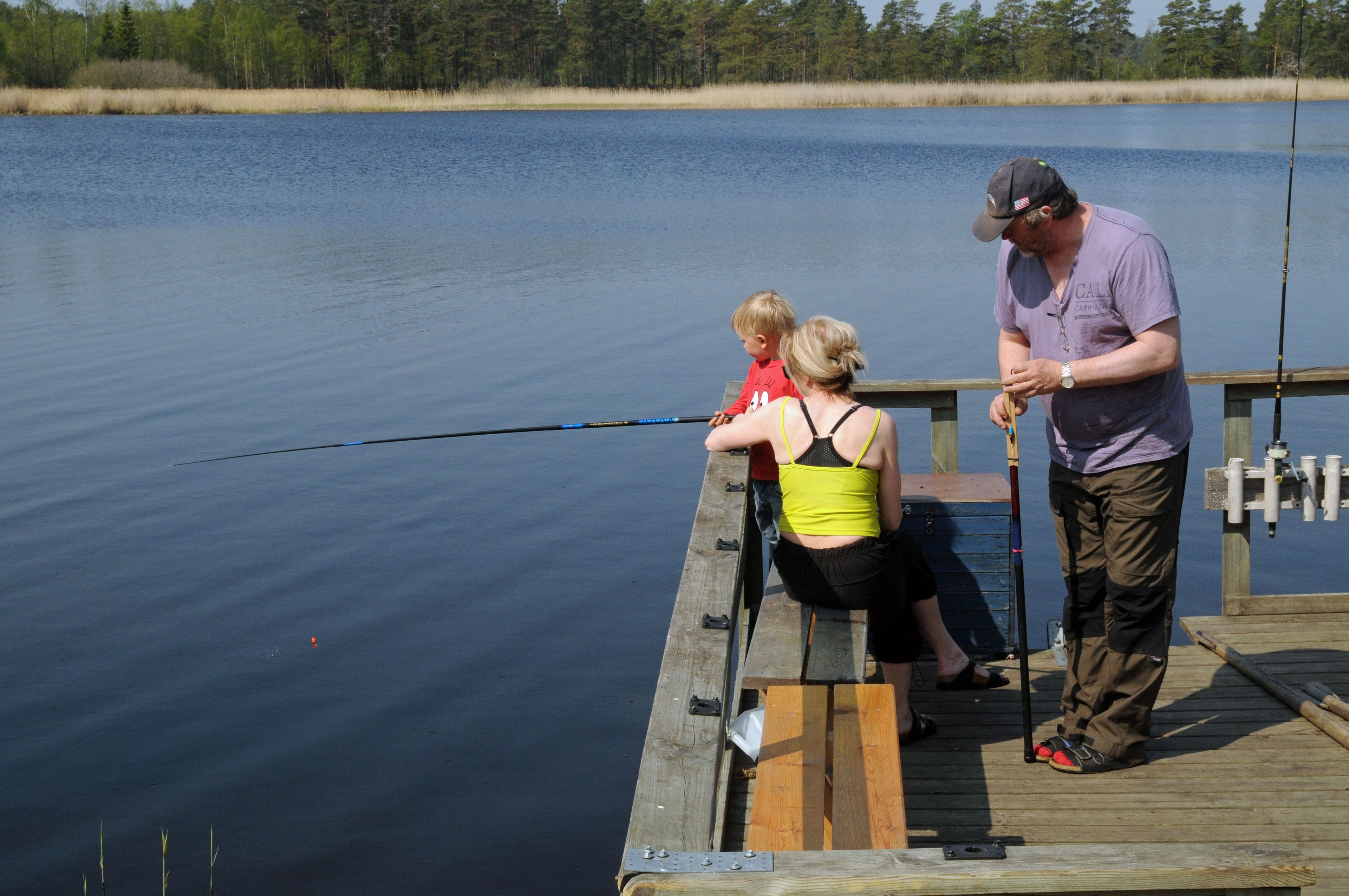A wooden dock extending into a calm lake with a clear sky.