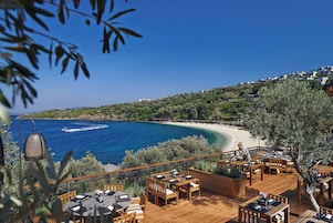 Un restaurante frente al mar con terraza y vistas a la playa.