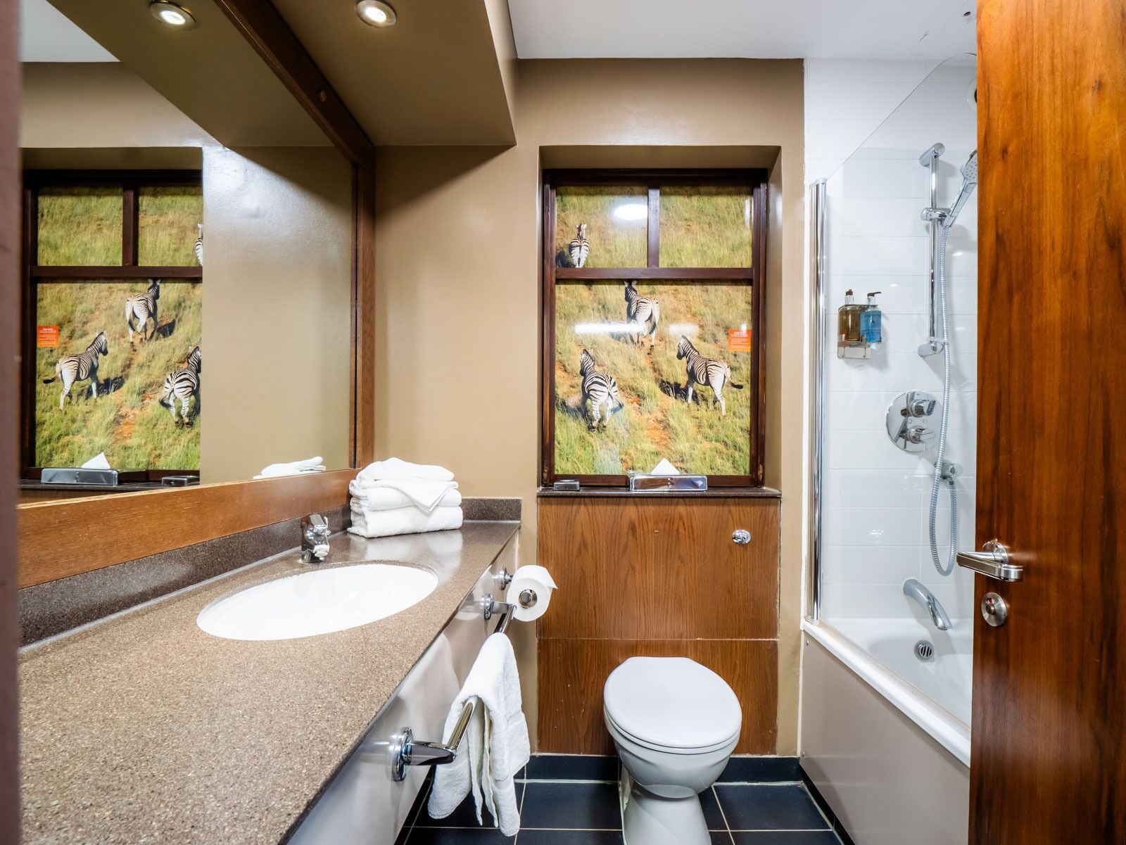 safari zebra family room | bathroom | free toiletries, hair dryer, towels