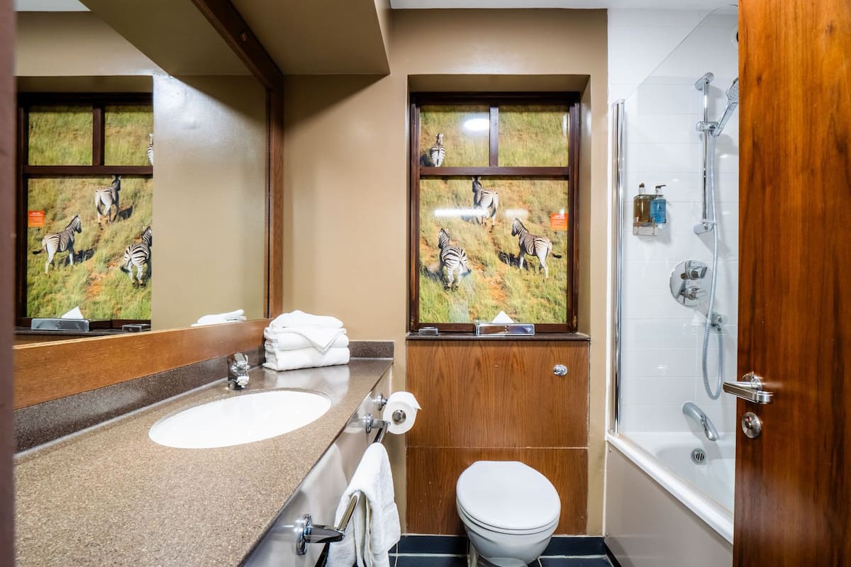 safari zebra family room | bathroom | free toiletries, hair dryer, towels
