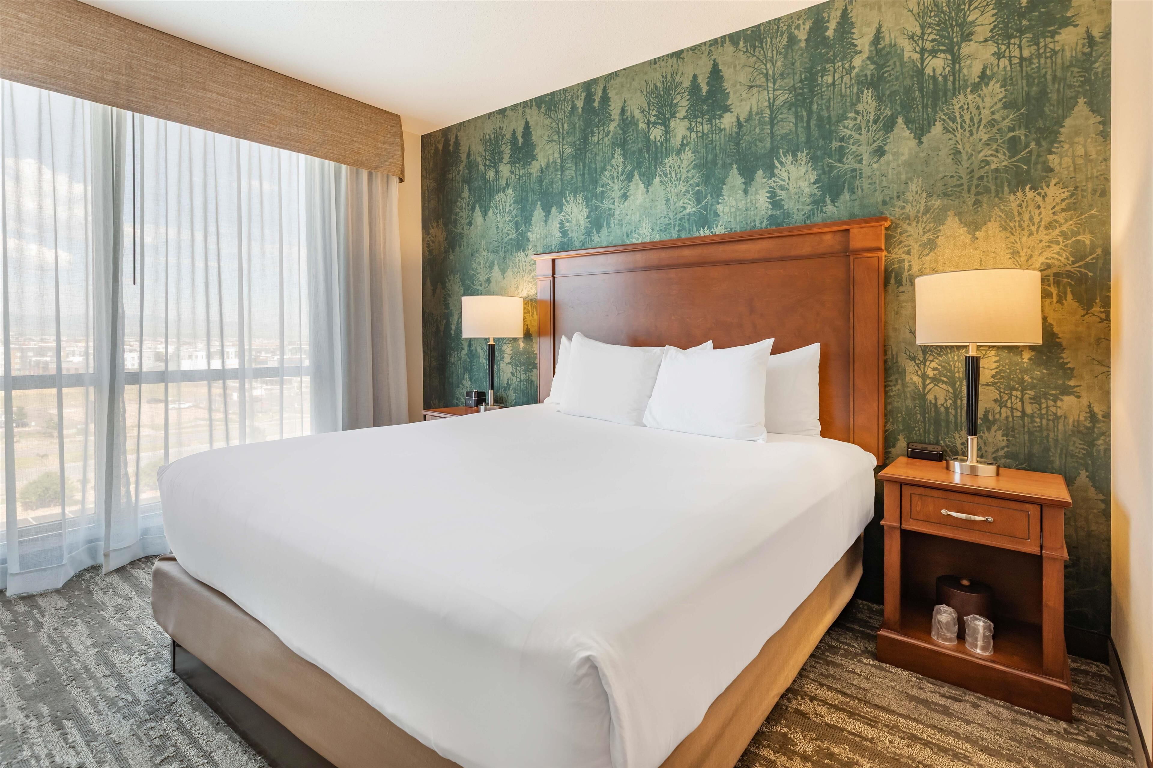 1 bedroom, desk, laptop workspace, blackout curtains