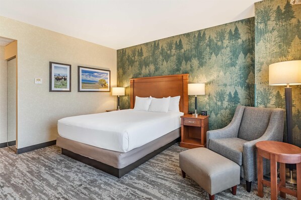 Desk, laptop workspace, blackout curtains, iron/ironing board