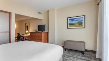 Habitación de hotel con una cama grande, un escritorio con ordenador, televisión y un cuadro de un paisaje en la pared.
