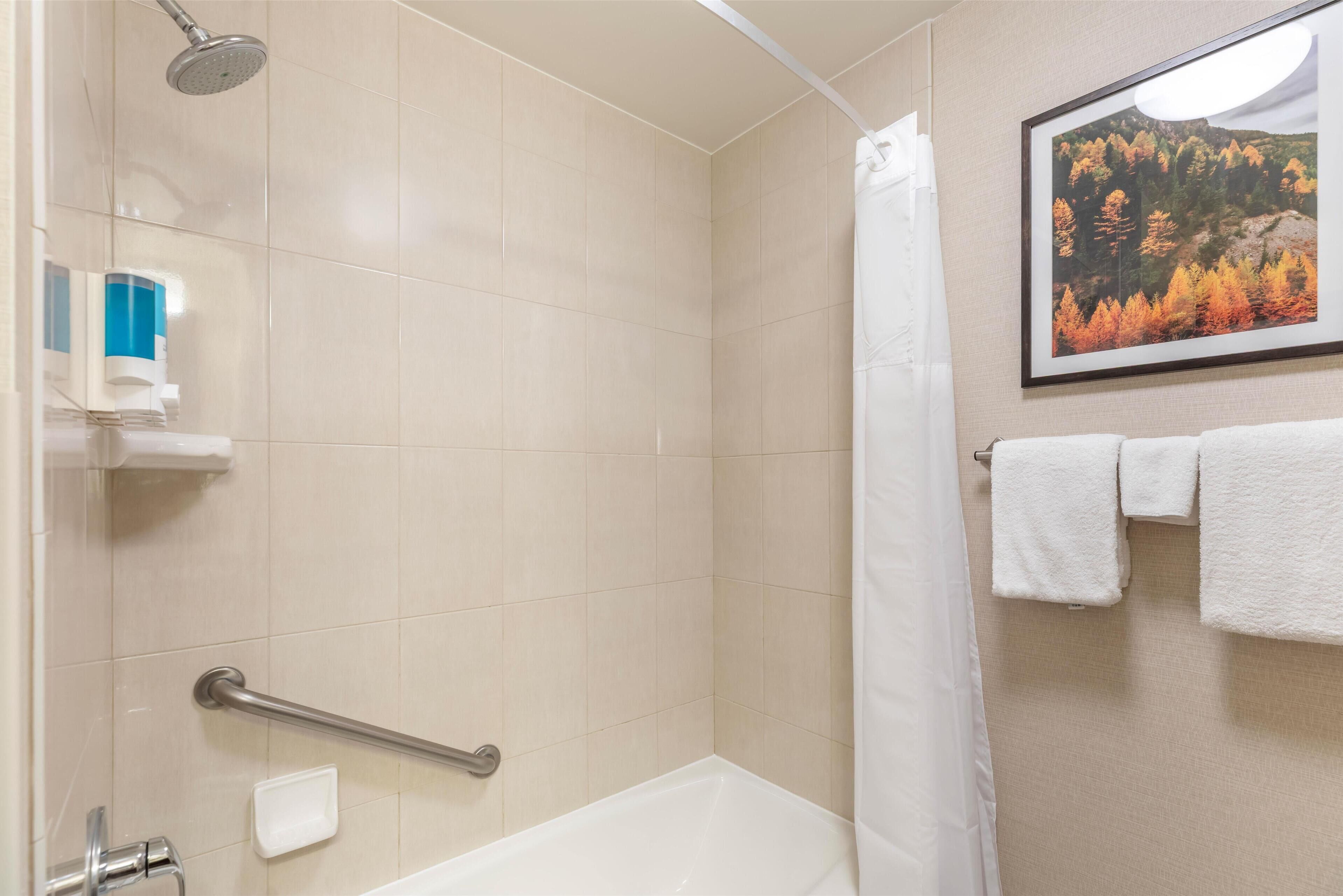 A shower with a handheld showerhead, a grab bar, and a white bathtub.