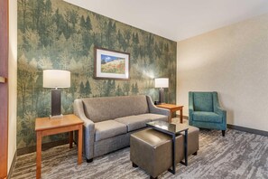 Desk, laptop workspace, blackout curtains, iron/ironing board