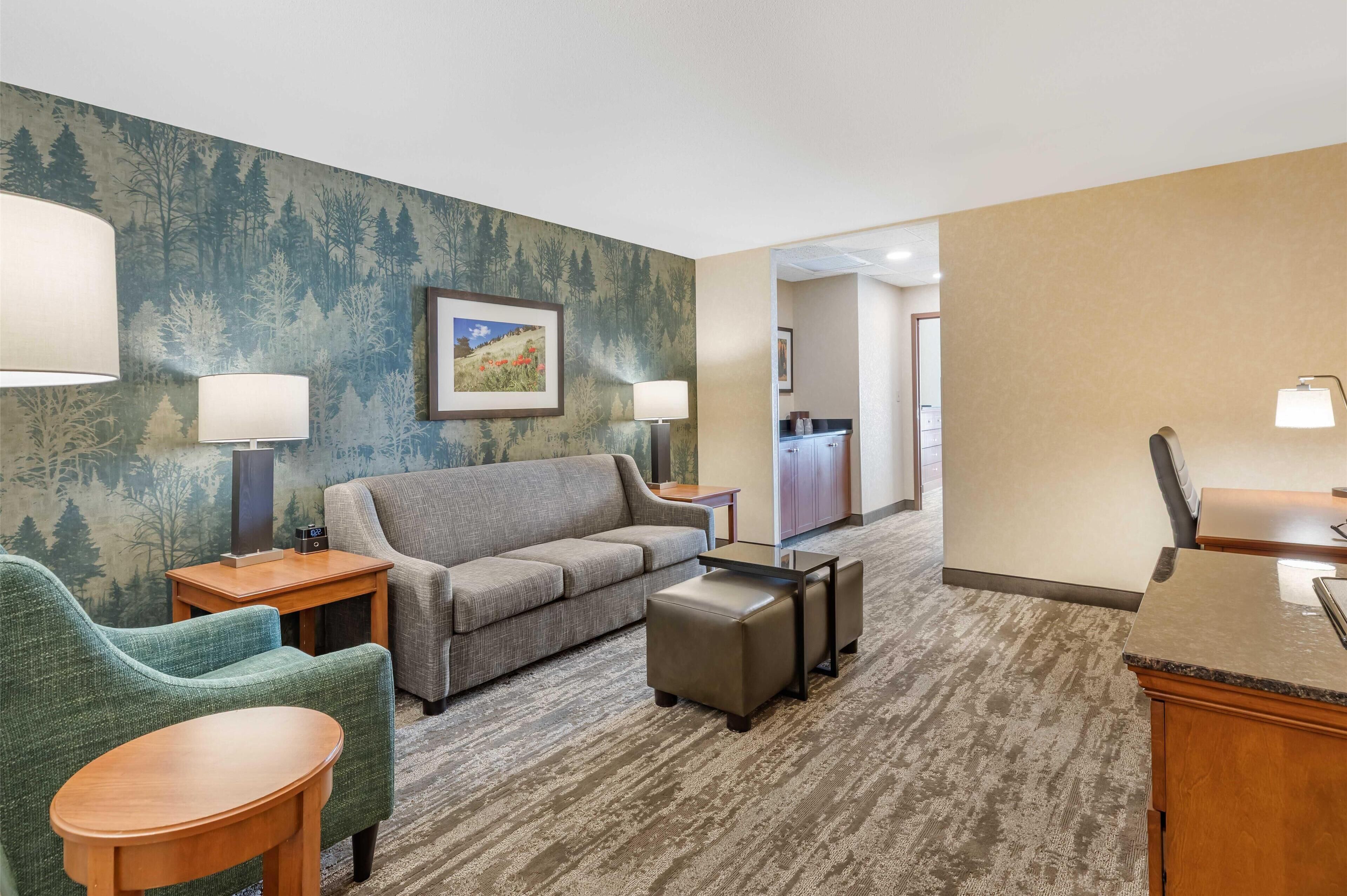 1 bedroom, desk, laptop workspace, blackout curtains