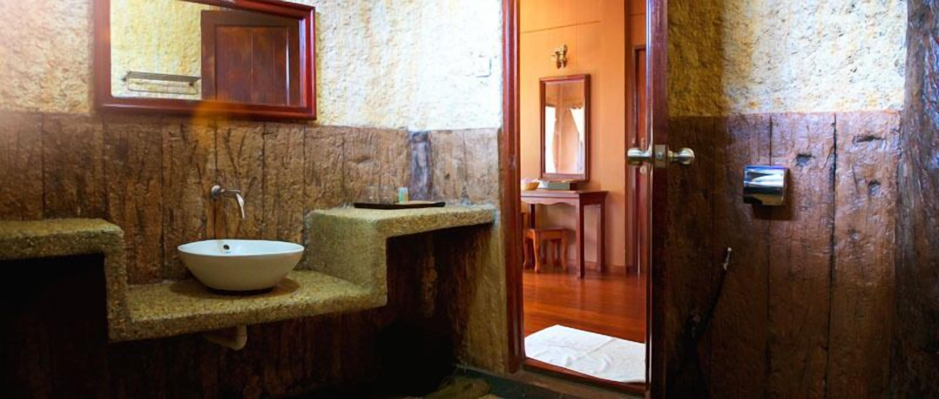 A bathroom with a stone sink, a wooden door, and a mirror above the sink.