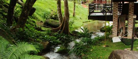 A lush garden with a small stream, a wooden deck, and a brick structure.