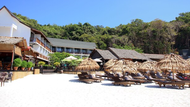 Un hotel frente a la playa con múltiples sillas de descanso y sombrillas de paja, rodeado de exuberante vegetación y un cielo azul despejado.