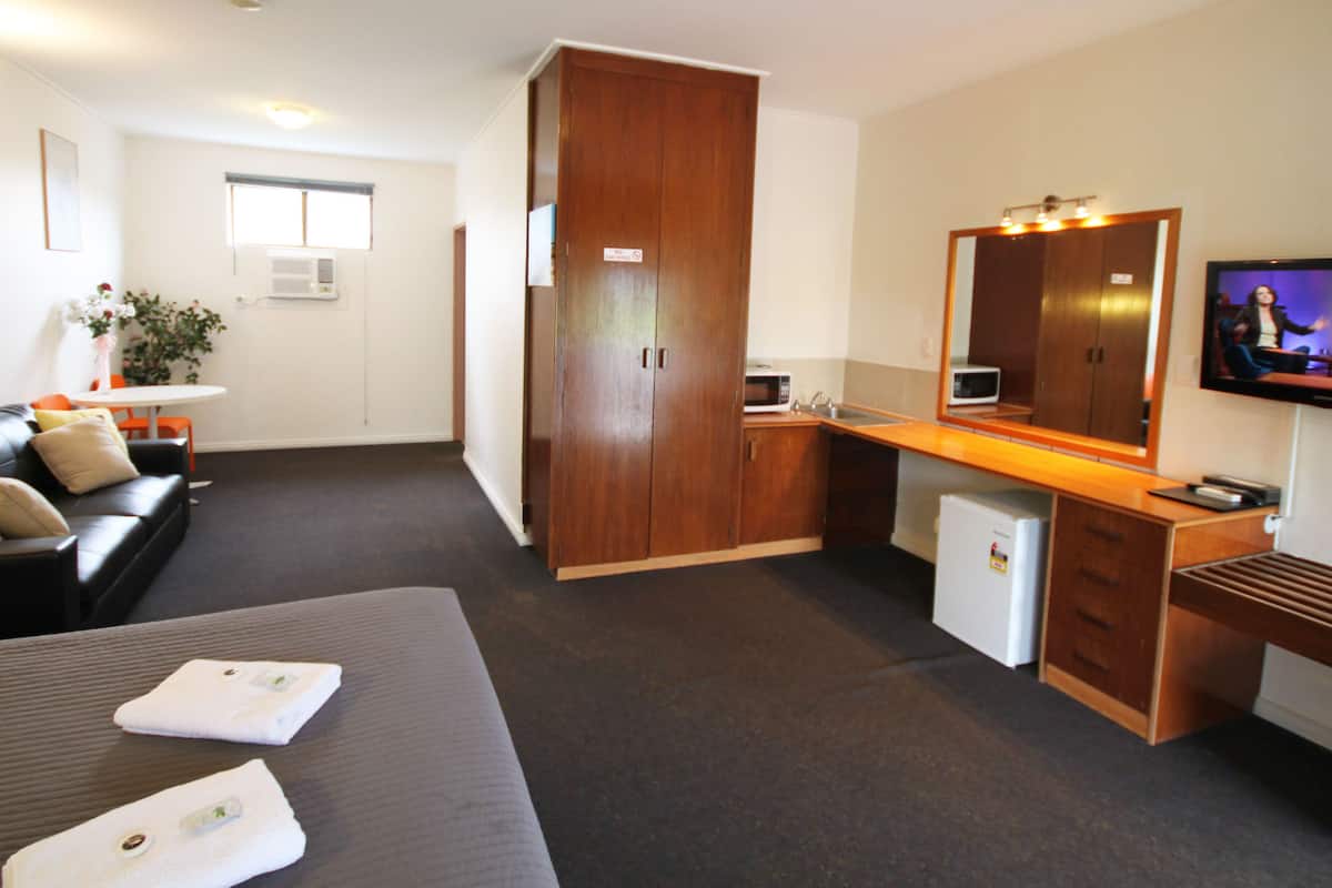 A hotel room with a sofa, a small kitchenette, a TV, and a large wardrobe.
