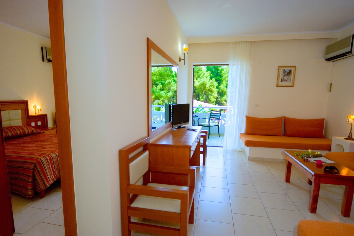 Habitación de hotel con cama, escritorio de madera, televisor, sofá y balcón con vista a árboles.
