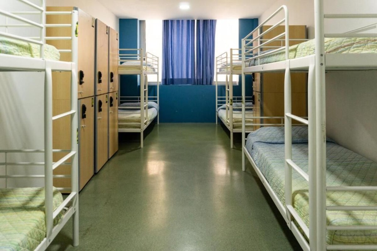 A dormitory room with bunk beds, a window with blue curtains, and a green floor.