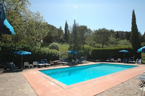 Outdoor pool, pool umbrellas, sun loungers