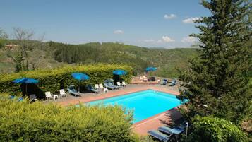 Outdoor pool, pool umbrellas, pool loungers