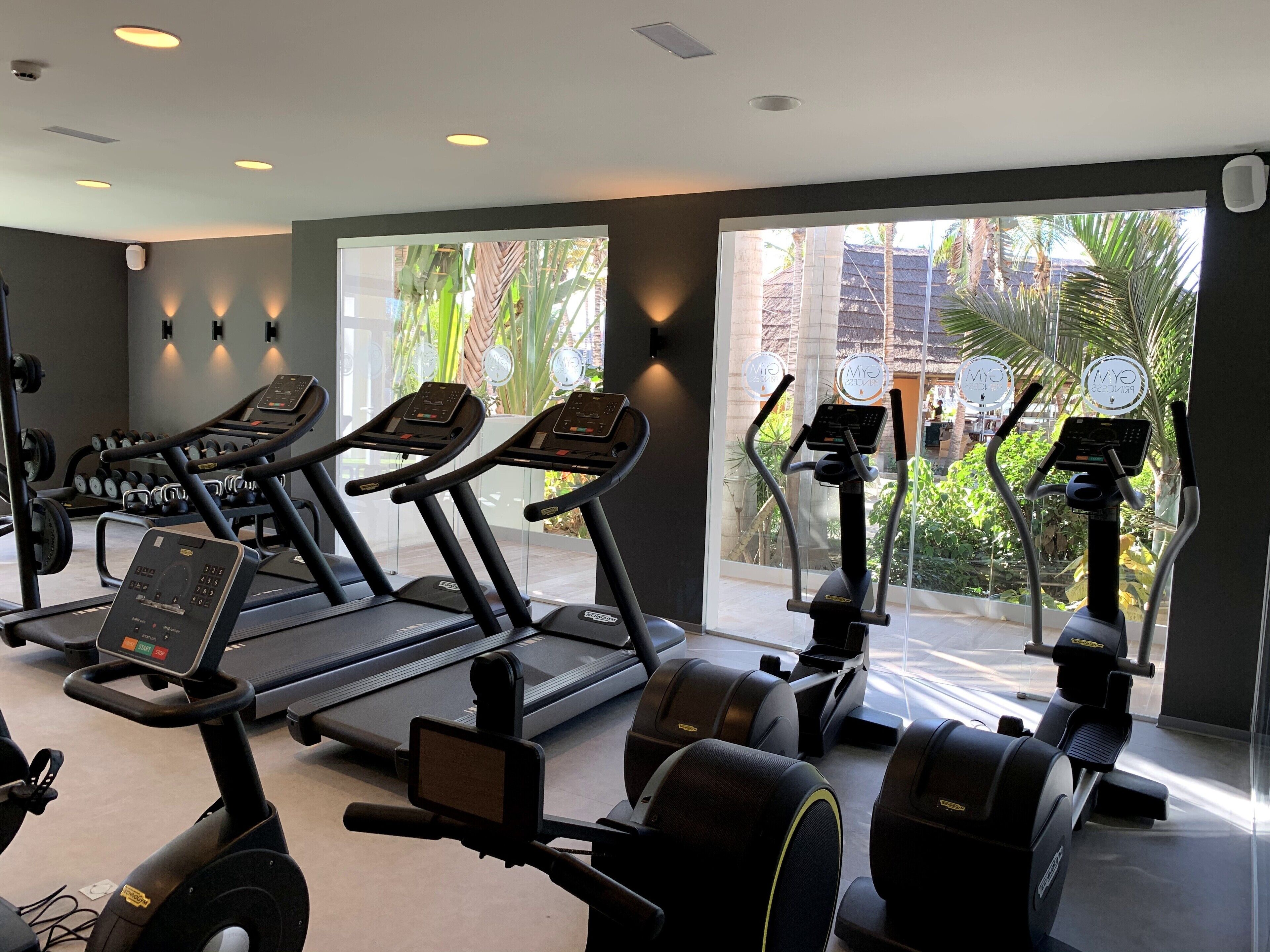 Une salle de sport équipée de tapis de course, de vélos elliptiques et d’haltères.