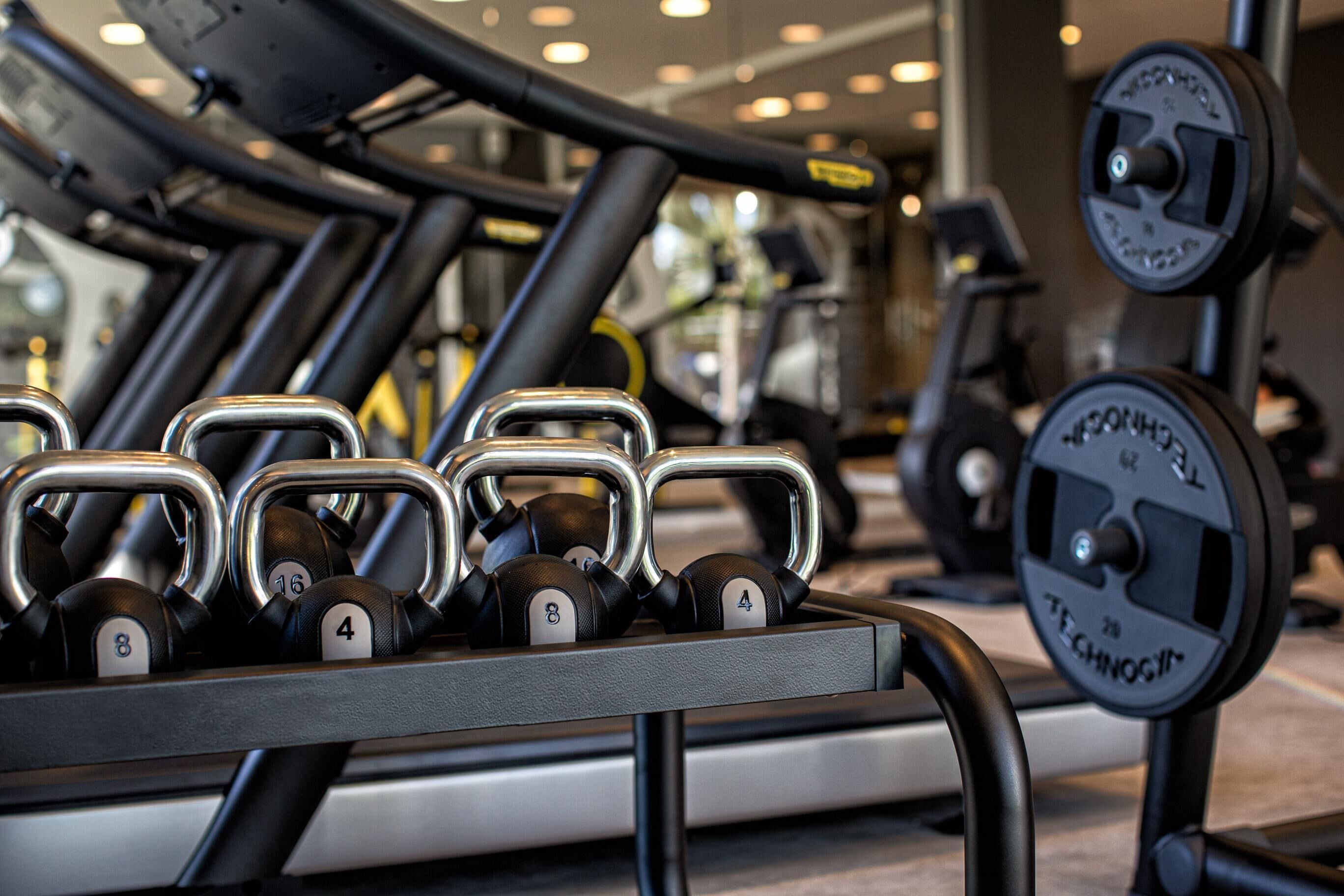 A gym with weightlifting equipment, including dumbbells and a bench press.