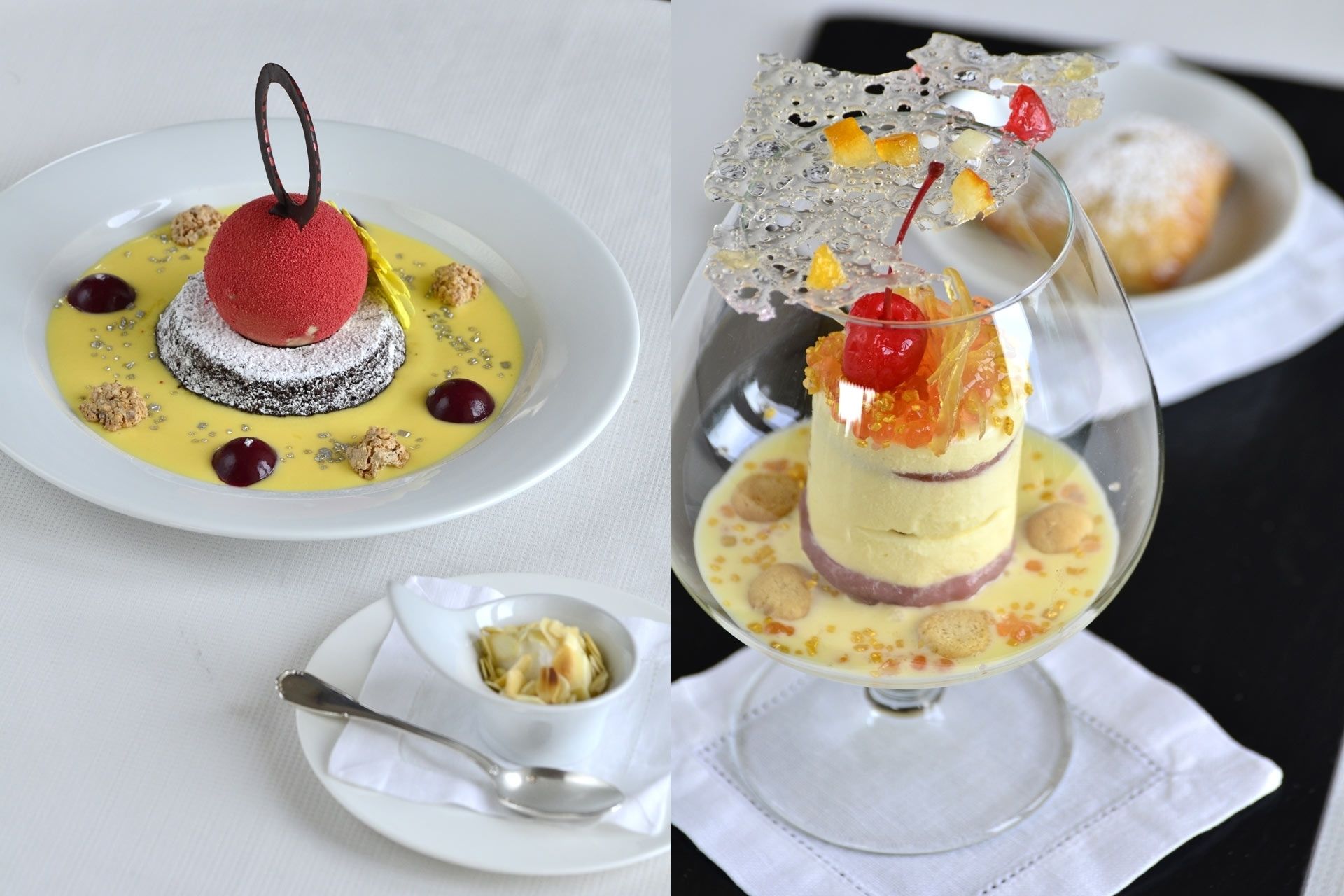 Une présentation de dessert sur une assiette blanche, avec un dessert dans un verre transparent présenté sur une assiette séparée.