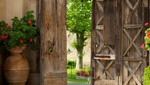 Una puerta de madera rústica con un cerrojo de metal, que da a un jardín con plantas en macetas y un árbol.
