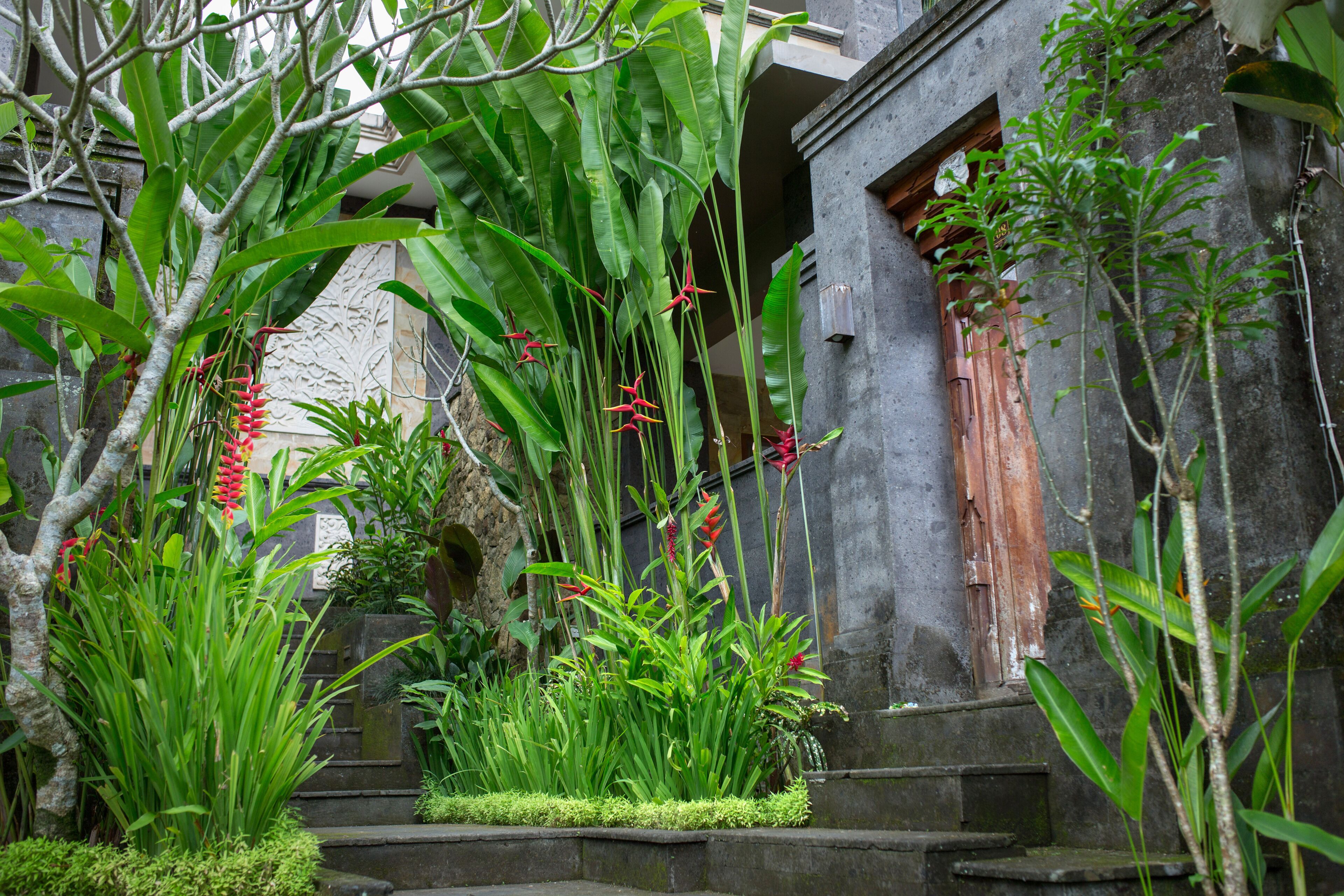 A stone staircase surrounded by lush greenery and red flowers.