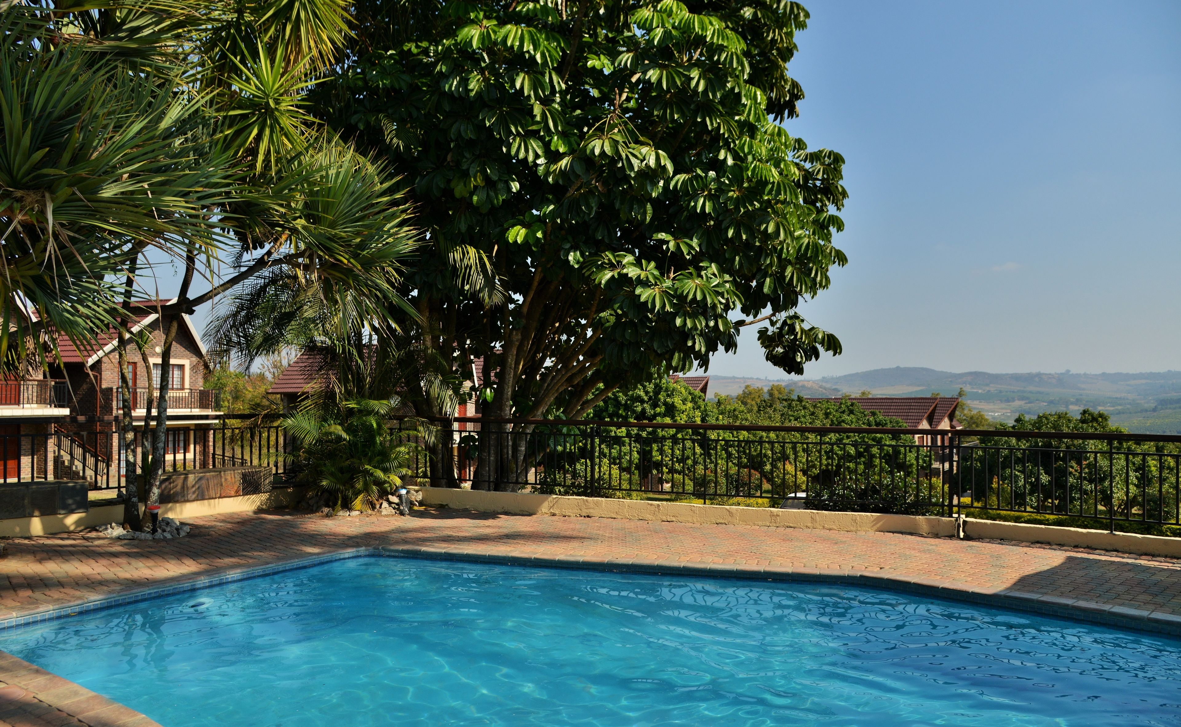 A swimming pool surrounded by lush greenery and a view of distant hills.