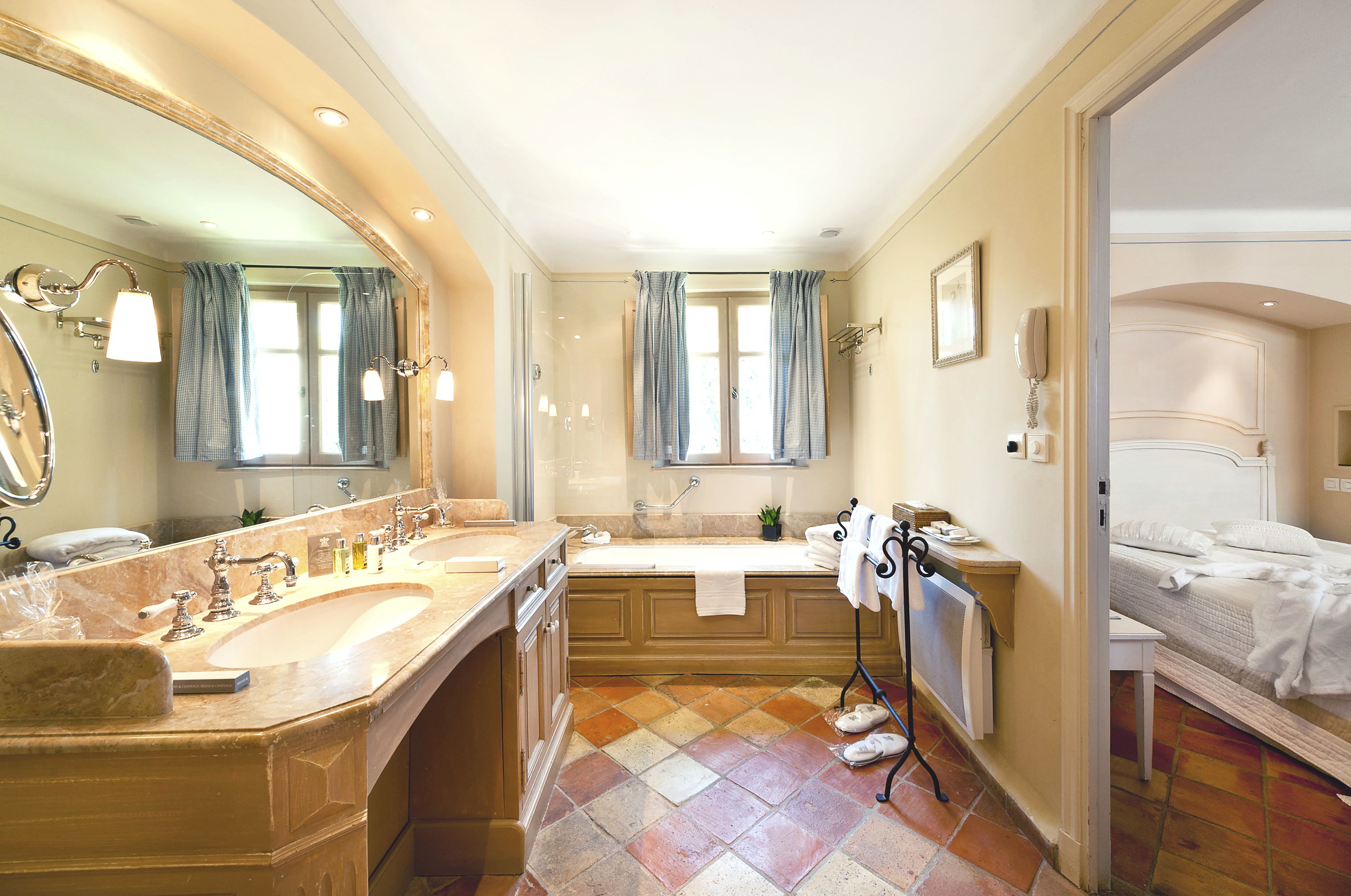 separate bathtub and shower, free toiletries, hair dryer, bathrobes