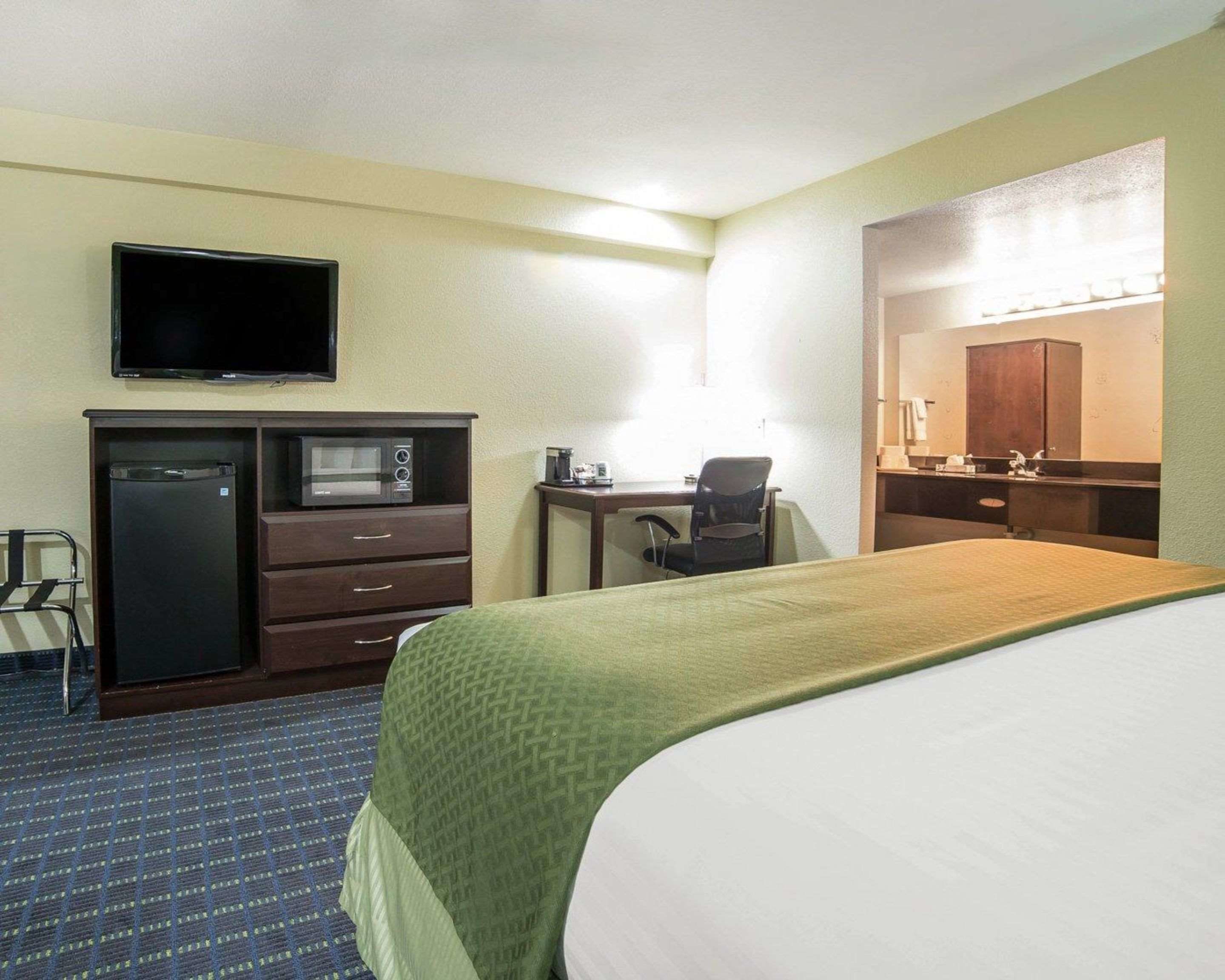 A hotel room with a bed, a desk with a chair, a television, a microwave, and a refrigerator.