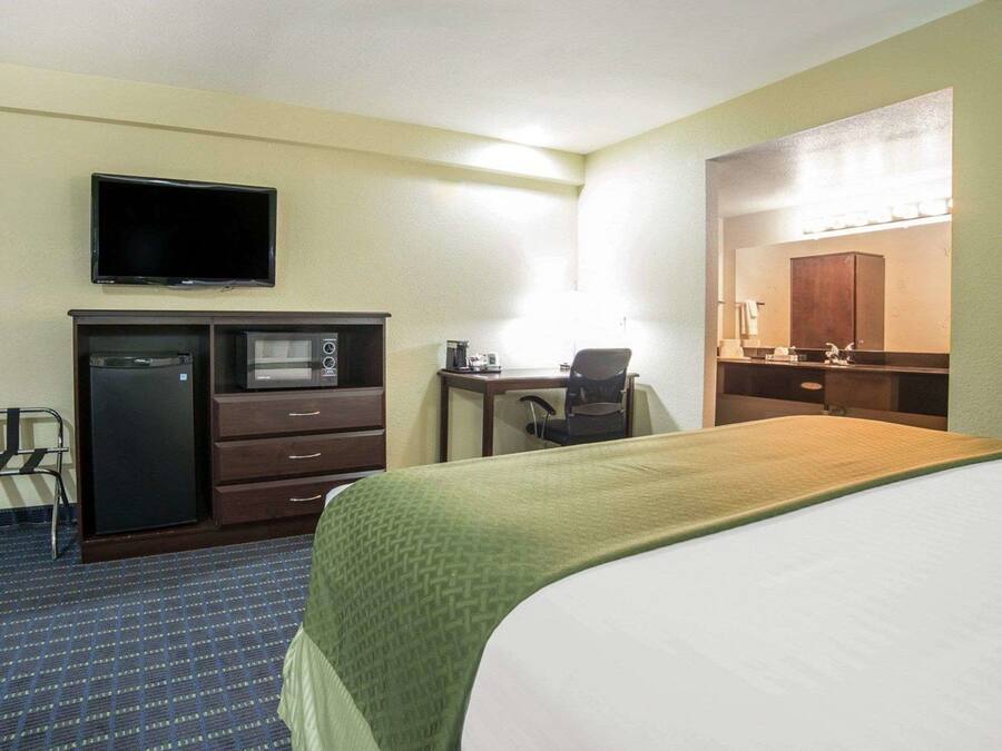 A hotel room with a bed, a desk with a chair, a television, a microwave, and a refrigerator.