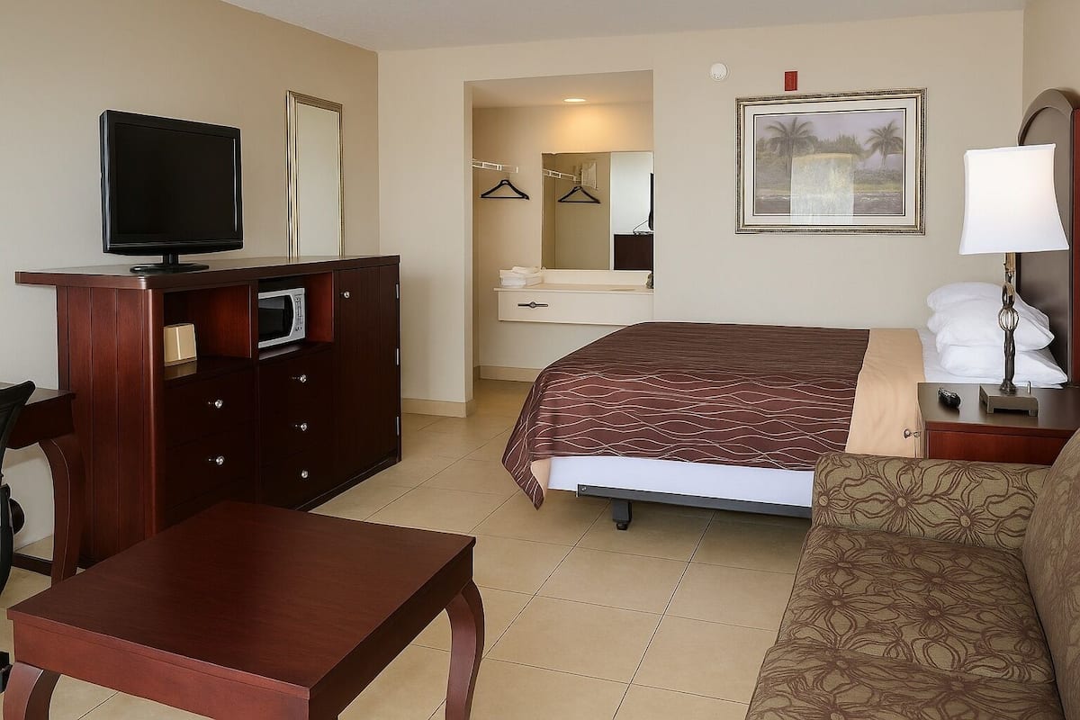 A hotel room with a bed, a desk, a television, a dresser, a mirror, a framed picture, and a lamp.