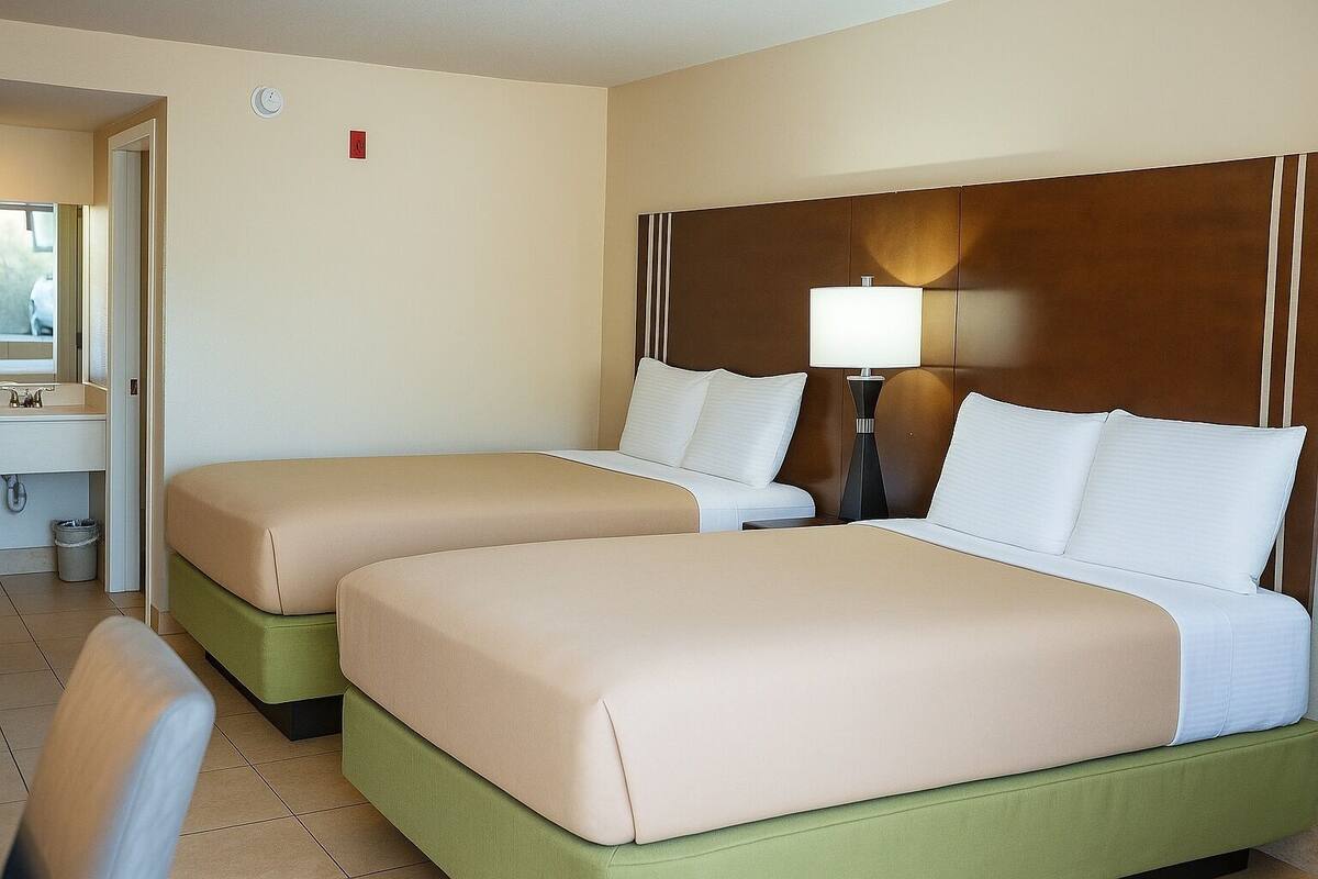 A hotel room with two beds, a desk, and a chair.