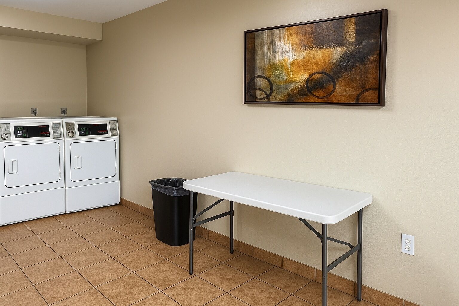 A laundry area with stacked washers and dryers, a trash bin, and a white table against a beige wall.