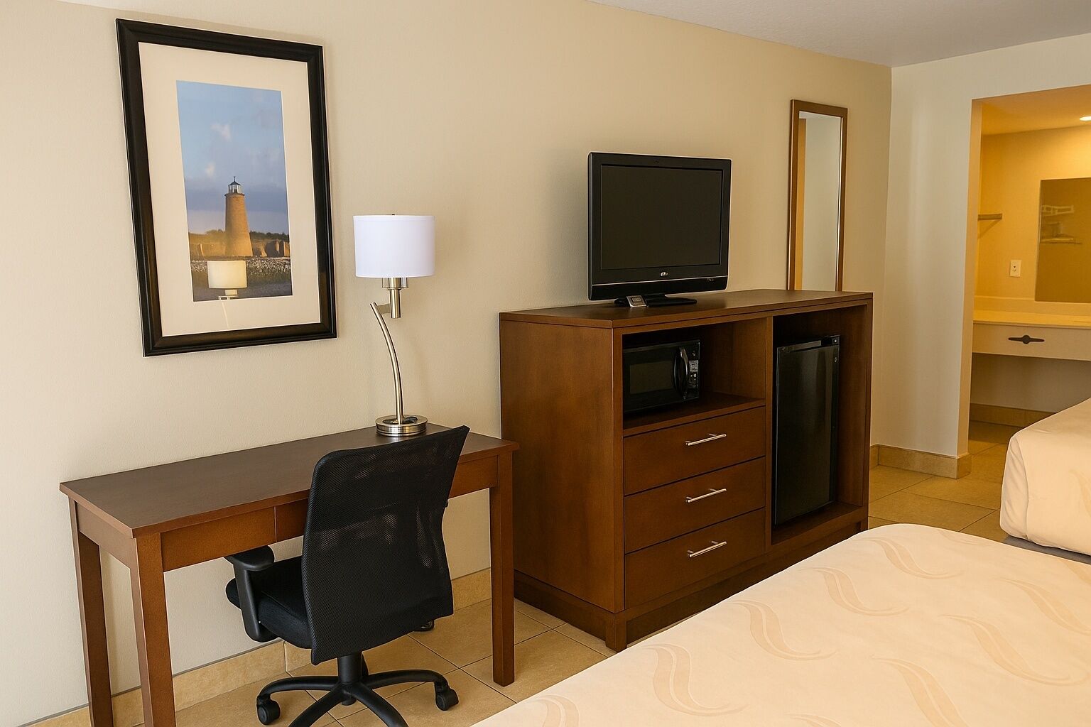 Habitación de hotel con escritorio, silla, televisor, refrigerador, microondas, cama y un cuadro en la pared.