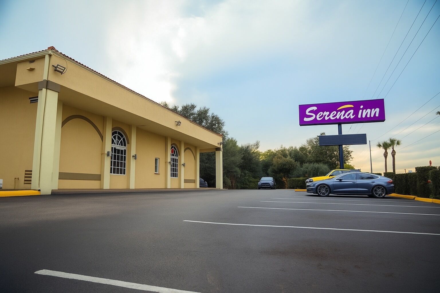 Un hotel con un letrero grande que dice "Serena Inn" y un estacionamiento con coches.