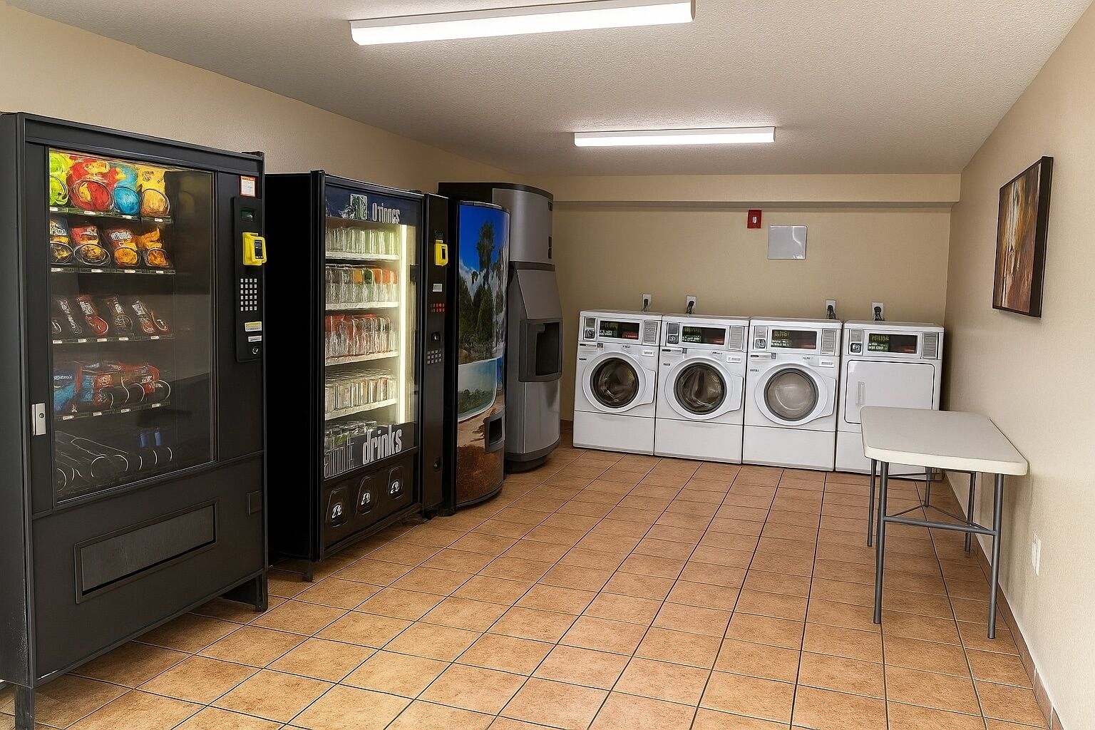 A laundry room with vending machines, a washing machine, and a table.